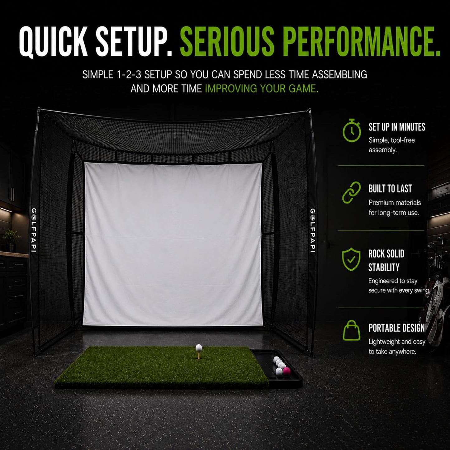 Mobile Golf Simulator Net – 10Ft Compact Practice Net with Steel Frame & Impact Screen – Indoor & Outdoor Golf Training for Backyard, Garage & Home Sim Setup
