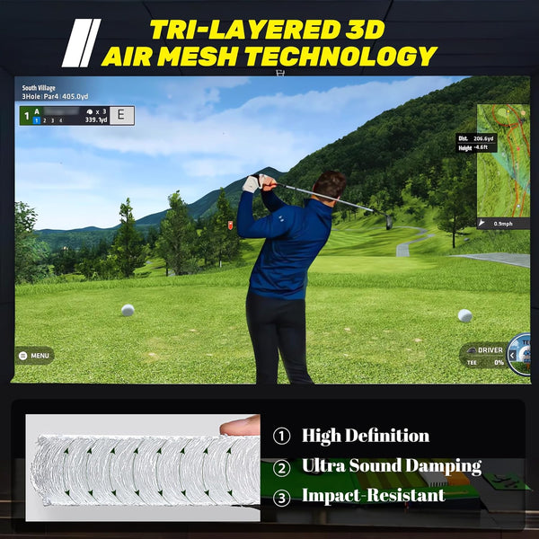 Golf Simulator Impact Screen, 3D Air Mesh Impact Screen for Golf Training Indoor/Outdoor, HD Projector Screen for Home Hitting Practice with Grommet Holes & Bungee Cords