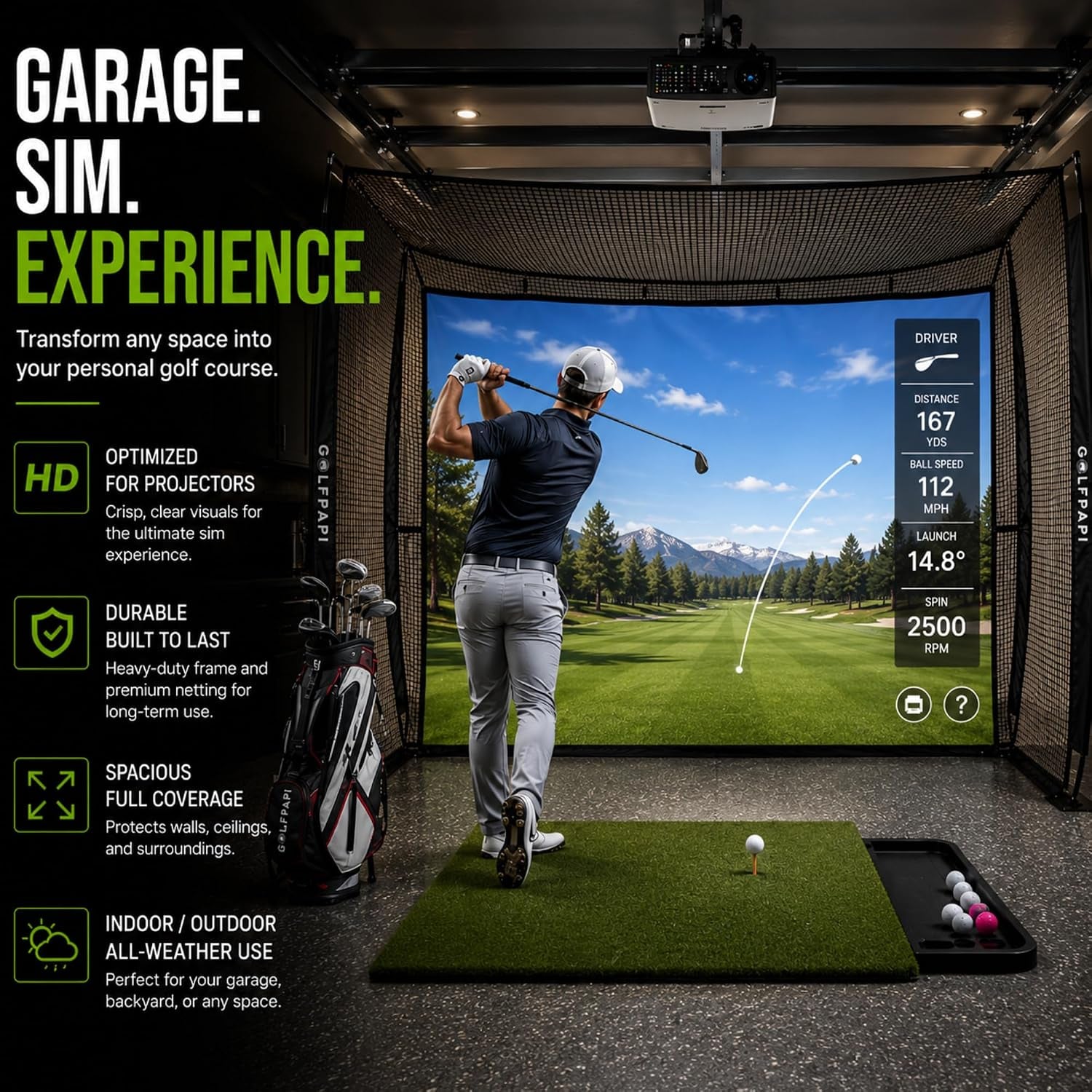 Mobile Golf Simulator Net – 10Ft Compact Practice Net with Steel Frame & Impact Screen – Indoor & Outdoor Golf Training for Backyard, Garage & Home Sim Setup