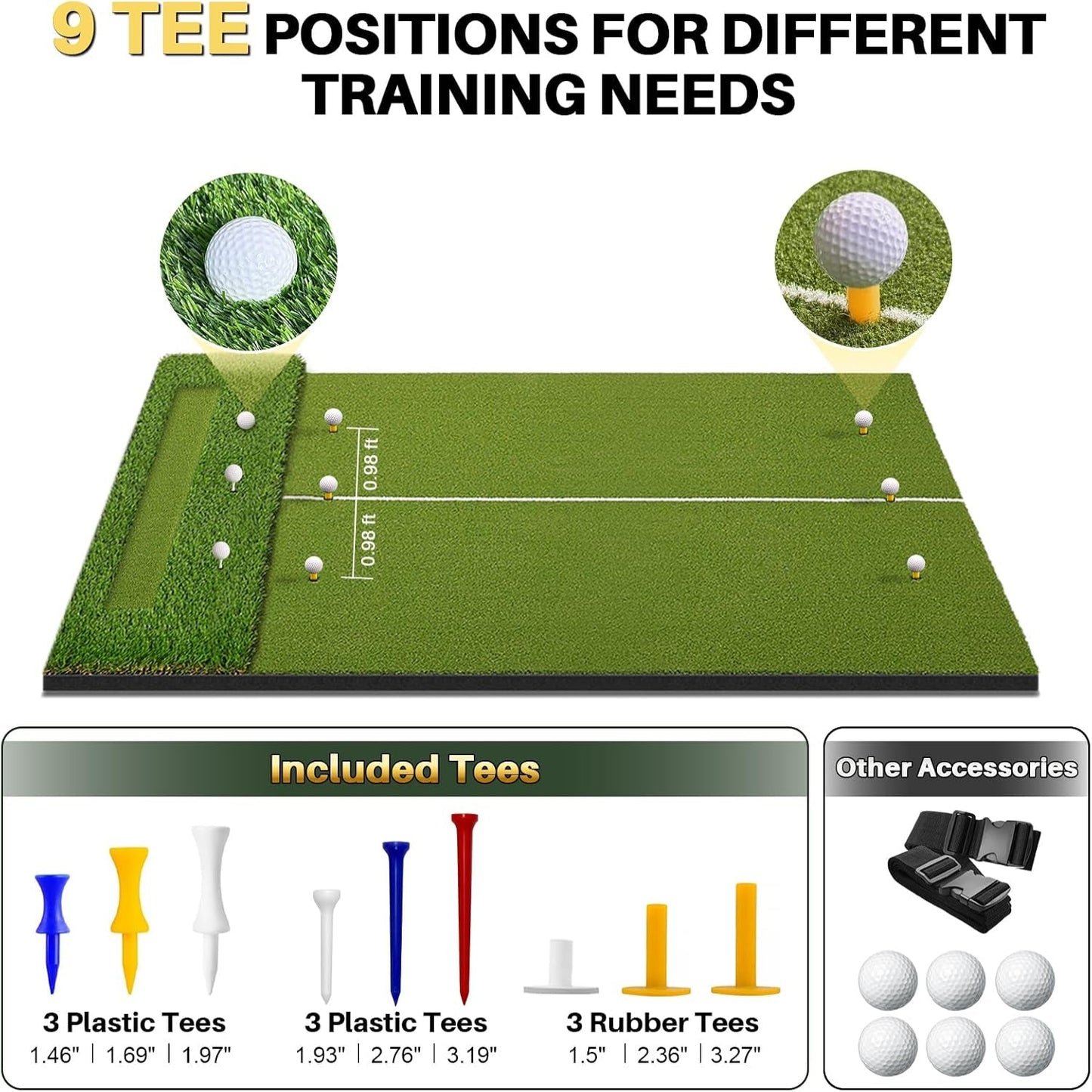 Golf Hitting Mat 6X4Ft with Updated 20Mm EVA Base & 40Mm Golf Turf | Golf Mats Practice Outdoor & Indoor for Golfers of All Levels, Golf Practice Mat with 9 Holes/Tees for Driving Chipping