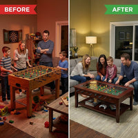 Foosball Coffee Table Built for Game Rooms, 42 Inch Dual Purpose, Tempered Glass Top, Wood Veneer Finish — Before & After