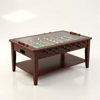 Foosball Coffee Table Built for Game Rooms, 42 Inch Dual Purpose, Tempered Glass Top, Wood Veneer Finish — Studio Shot