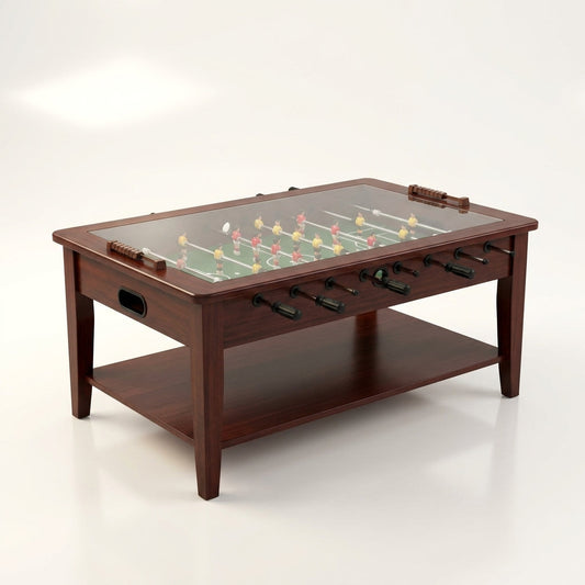 Foosball Coffee Table Built for Game Rooms, 42 Inch Dual Purpose, Tempered Glass Top, Wood Veneer Finish — Studio Shot