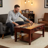 Foosball Coffee Table Built for Game Rooms, 42 Inch Dual Purpose, Tempered Glass Top, Wood Veneer Finish — Lifestyle