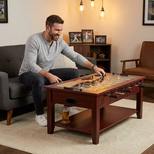 Foosball Coffee Table Built for Game Rooms, 42 Inch Dual Purpose, Tempered Glass Top, Wood Veneer Finish
