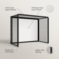 Golf Simulator Enclosure Kit 10 X 8 Ft, 4K-Ready Dual-Layer Projection Impact Screen, Safety Side Netting & Thick Foam Edge Padding for Indoor Home Garage Golf Cage Practice Training — infographic