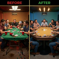 Poker Table Built for Game Nights, 8 Player Capacity, Solid Oak Construction, Speed Cloth Surface — Before & After