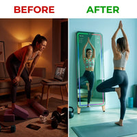 Smart Gym Mirror for Home Workouts, 32" HD Touchscreen with Android OS, 63" Full-Length Mirror, No Subscription Required, Fitness App Support, Voice Control & Music Sync LED Light Strip — Before & After