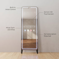 Smart Gym Mirror for Home Workouts, 32" HD Touchscreen with Android OS, 63" Full-Length Mirror, No Subscription Required, Fitness App Support, Voice Control & Music Sync LED Light Strip — infographic