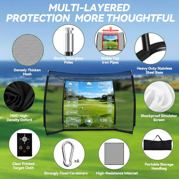 Golf Practice Hitting Net with HD Simulator Screen and Target Cloth, 10X8 FT Golf Driving Net for Indoor, Outdoor, Backyard and Garage with Impact Resistance and Ball Return
