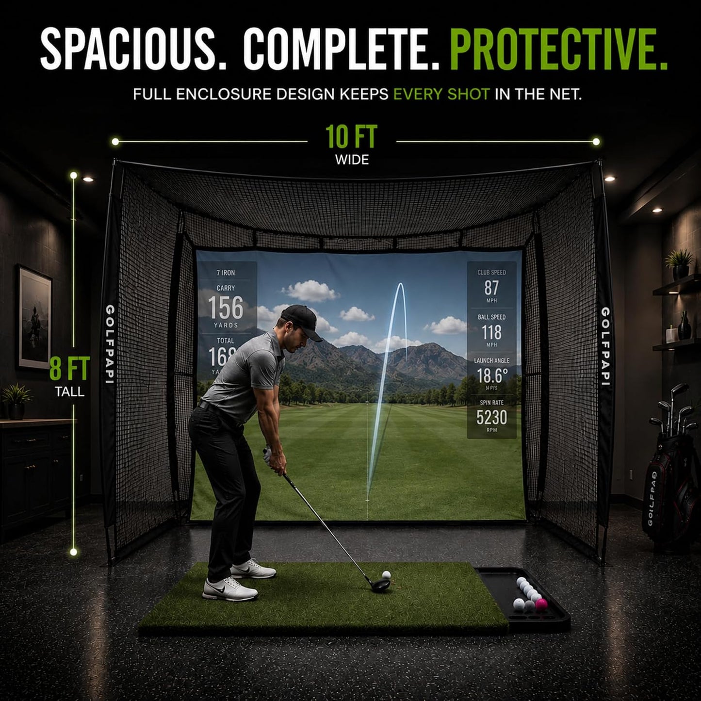 Mobile Golf Simulator Net – 10Ft Compact Practice Net with Steel Frame & Impact Screen – Indoor & Outdoor Golf Training for Backyard, Garage & Home Sim Setup