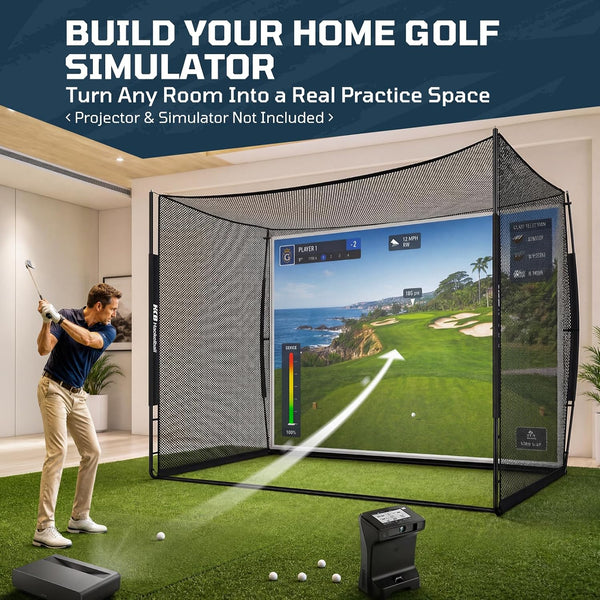 Golf Practice Net 10X8Ft Driving Hitting Net & Simulator Cage | Backyard Outdoor, Indoor Golf Simulator, Real Ball Practice, Impact Screen, Ball Return, Side Barriers, Projection Ready